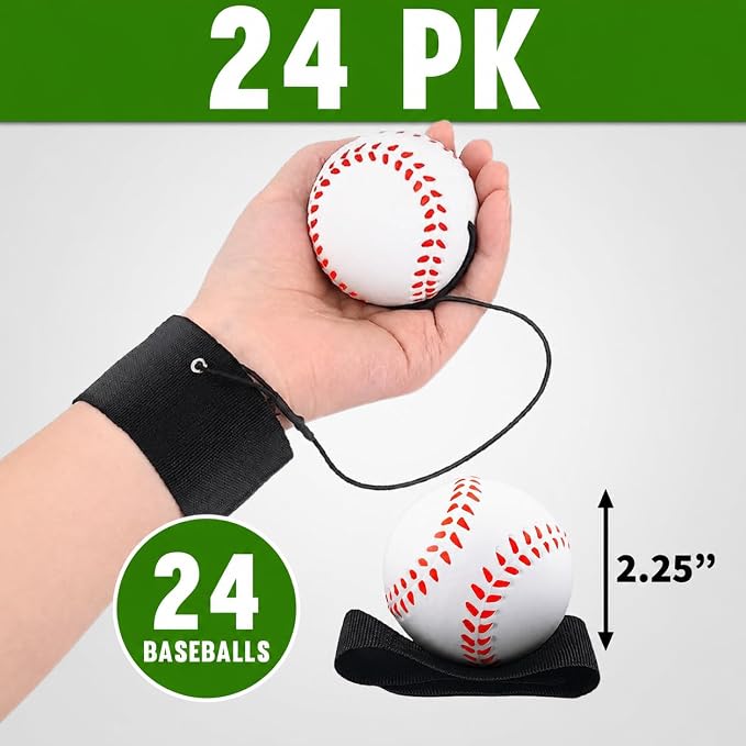 Playbees 24 Pack Reactive Practice Baseballs – Bulk Team Set with Wrist Return Elastic Cord – Heavy Duty Training Balls for Baseball & Softball Drills – Large Party Favor Pack for Kids