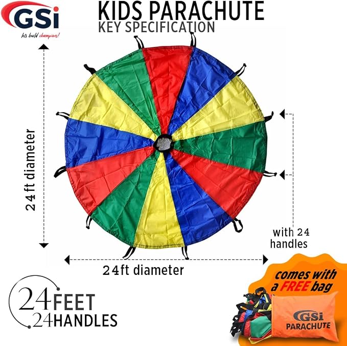 GSi Kids Play Parachute Rainbow Parachute Toy Tent Game for Children Gymnastics Cooperative Play and Outdoor Playground Activities (24 Feet)