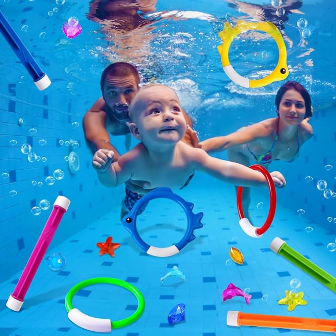 YUJUN 18PCS Pool Diving Swimming Toys, Summer Underwater Game Toys with Pool Fishes Dive Sticks Rings Gems Storage Bag for Kids Swim Birthday Party Favors