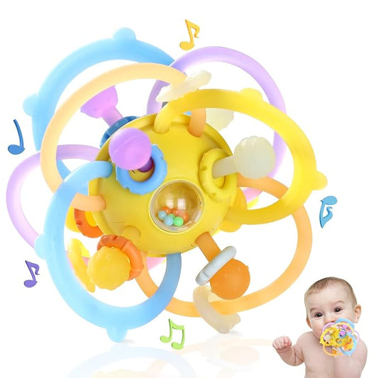 Baby Rattle Teething Toys, Baby Ball Teether Toys for 0 3 6 9 12 18 Months, Silicone Montessori Teethers with Rattle Ball for Newborn Infant, Sensory Delopmental Gift for Boys Girls, Yellow