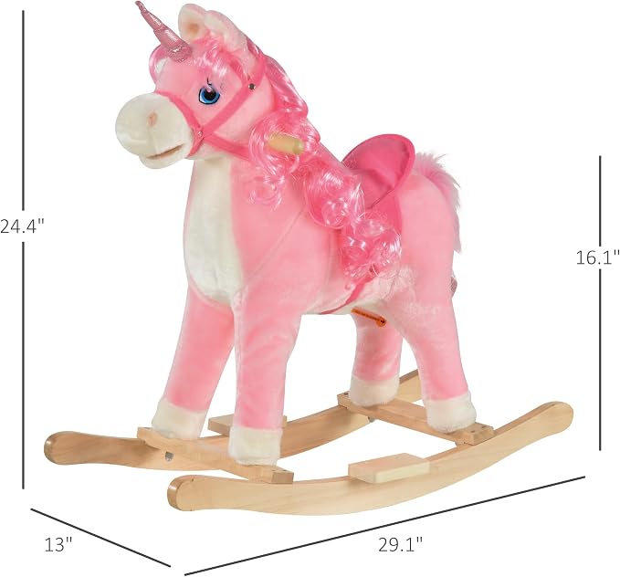 Qaba Rocking Horse, Kids Ride on Horse Unicorn Design with Wooden Base, Tail Wag & Sounds for Toddlers 3-6 Years Old, Pink