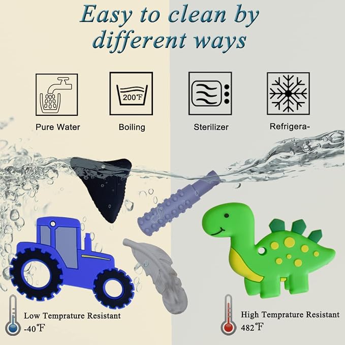 KongNai Chew Necklace for Sensory Kids, 5Pcs Chewy Necklaces for Boys and Girls with Autism ADHD, Chewable Silicone Pendant for Reducing Fidget Anxiety,Dinosaur Tractor Chewing Pendants for Toddler