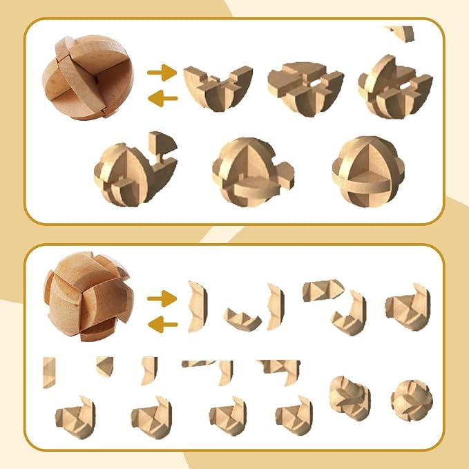 8PCS Brain Teaser Puzzles for Adults, Mind Puzzle Ancient Wooden and Metal Puzzles 3D Unlock Interlock IQ Puzzle Box Game for Adults
