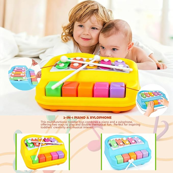 2 in 1 Xylophone for Toddlers, Baby Xylophone Piano Toy with 5 Multicolored Key Scales and Two Mallets for Kids, Educational Musical Learning Instruments Toy for Boys and Girls (Blue)