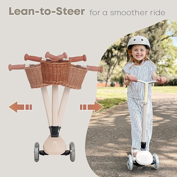 MomnLittle 3 Wheel Toddler Scooter for Kids Ages 3-10, Foldable Scooter with LED Light-Up Wheels, Lean-to-Steer Design, Mini Basket & 4 Adjustable Heights, Scooter for Boys and Girls