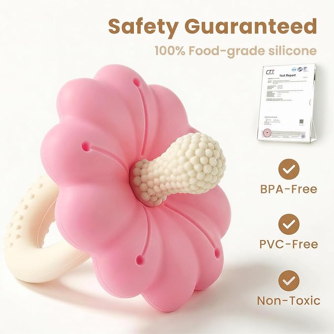Baby Silicone Flower Teether Pacifier, Nipple-Shaped End Texture for Sucking Needs, Teething Relief, Chew Sensory Toys for Babies 0-6 6-12 Months, Hands-Free Design, BPA Free, Freezable -Pink