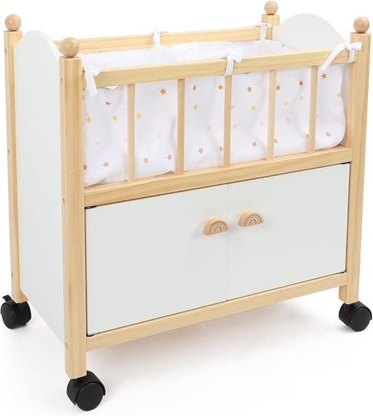 Freniland Wooden Doll Bed with Storage, Wheels & Bedding – Rolling Doll Crib with Built-in Storage for Toys, Pretend Play Doll Furniture for 18 Inch Dolls