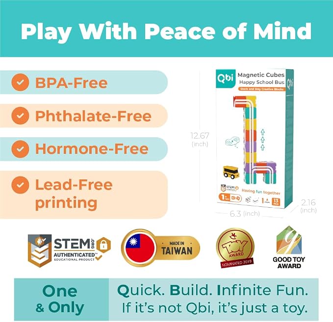 QBI Magnetic Blocks for Toddlers 1-3｜School Bus Toy Set with 12 Pastel Track Cubes｜STEM Montessori Educational Toys for 1 Year Old Boys & Girls｜Safe Large Building Bricks (13 Pieces Starter Pack)