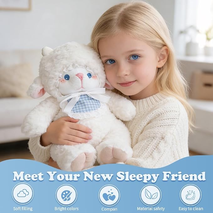 Weighted Stuffed Animals White Lamb 14.6 inches Sheep Plush with Blue Eyes, Soft Baby Gift for Kids Girls Women Birthday.