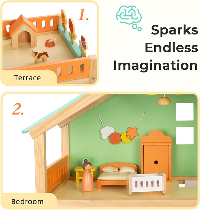 OOOK Large Wooden Dollhouse with 42 Pcs Luxurious Furniture Accessories, 3-Story Doll House 6 Rooms Balcony Wooden Stairs, Ideal Modern Doll House for 3 Year Old