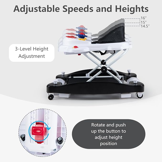 INFANS Baby Walker, 5 in 1 Behind Walker Learning Seated Rocker Bouncer with Removable Music Tray, Adjustable Height, Washable Seat Cushion, Foldable Activity Center for Toddlers (Dark)