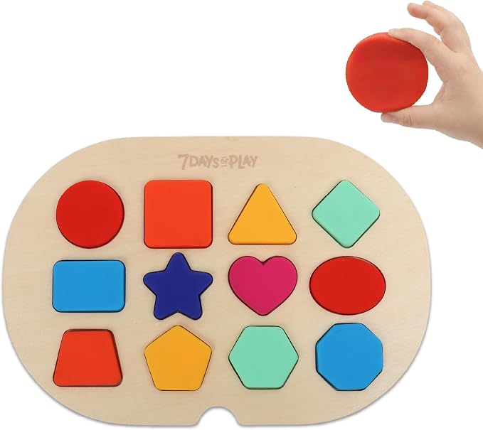7 Days of Play Shape Puzzle for Kids, Sensory Bin Insert for Sensory Tables, Silicone Geometric Shapes, Wooden Fine Motor Learning Toy