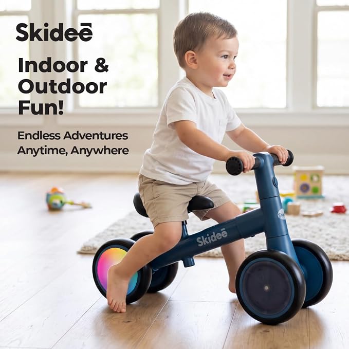 SKIDEE Toddler Balance Bike 1-3, 4-Wheel Balance Bike with Rare Light-Motion-Activated LED Wheels, Adjustable Height & Child Safe Steering, Lightweight Ride-On Toy Training Bike for Boys & Girls