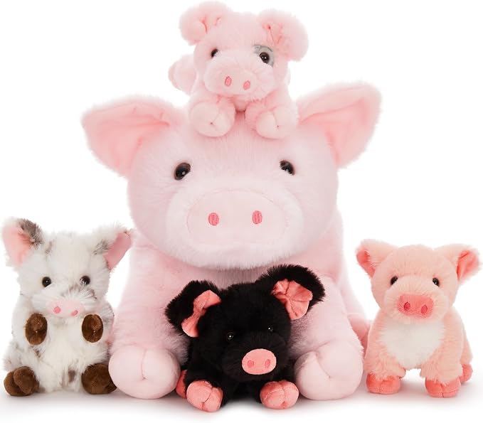 5-Piece Pig Stuffed Animal Set, 16 Inch Mommy Plush with 4 Baby Piggy Toys, Soft Cuddly Kawaii Plushies, Christmas Birthday Gift for Kids Girls Boys, Baby Shower Decor