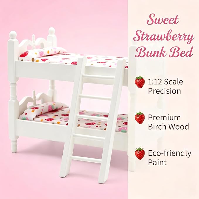 Z MAYABBO Wooden Dollhouse Furniture of Baby bunk Bed with Ladder for Miniature Dollhouse Accessories - 1/12 Scale