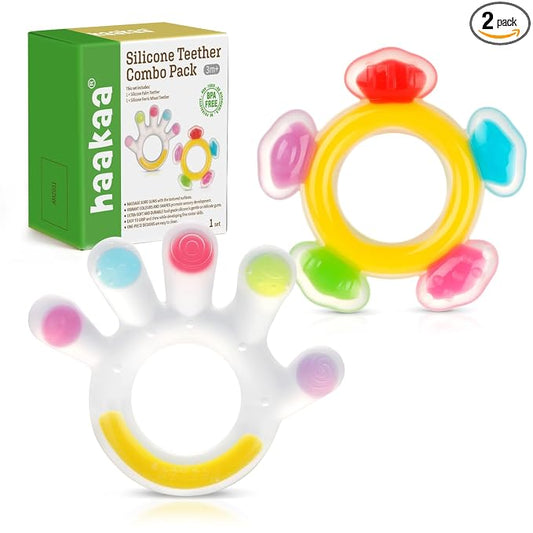 Haakaa Silicone Teether Combo, Baby Freezer Teething Toys for Sore Gums, Easy-Grip Sensory Teethers for 3M+ Babies, Palm & Ferris Wheel Shapes, BPA Free, 2 Pack