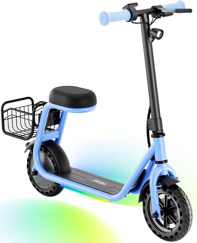 Hiboy Q2 Lite Electric Scooter for Kids with Seat for Ages 4-10, 5-Mile Range, 3-Speed Adjustable up to 9.3 MPH, Front Brake, LED Neon Lights