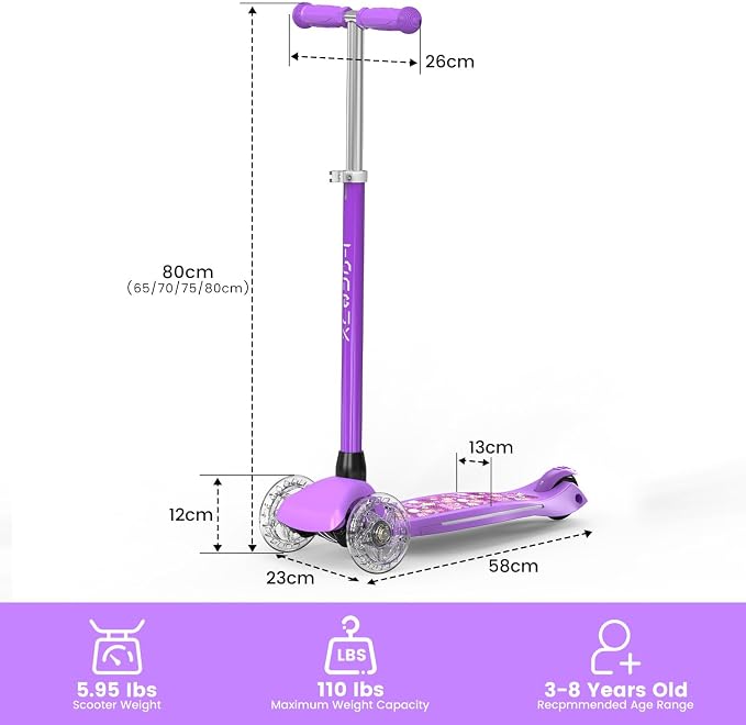 TONBUX Kids Scooter for Ages 3-8: 3-Wheel Kick Scooter with LED Light-Up Wheels & Deck, 7 Lighting Modes, 4 Adjustable Heights, Metal-Reinforced Deck, Lean-to-Steer Balance Training Toddler Scooter