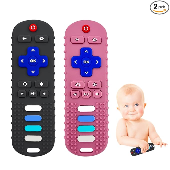2-Pack Silicone Teething Toys for Baby, TV Remote Chew Toy Teethers for 3-6 Months, Baby Sensory Toys for 6 to 12 Months, TV Remote Control Toys for Boys and Girls (Black+Pink)