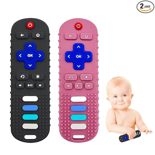 2-Pack Silicone Teething Toys for Baby, TV Remote Chew Toy Teethers for 3-6 Months, Baby Sensory Toys for 6 to 12 Months, TV Remote Control Toys for Boys and Girls (Black+Pink)
