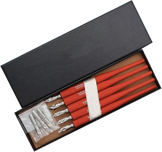 Plastic Professional Manga Gothic Pen Dip Pen Set with 5 Nibs Manga Calligraphy Drawing Pen Kit - 5 Pcs, Red