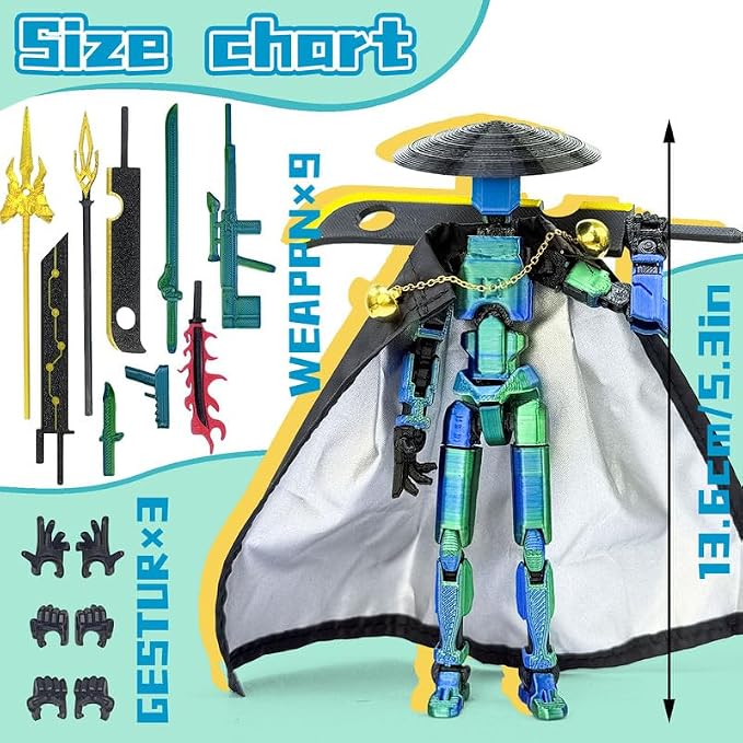 T13 Assembly Completed Action Figures,T-13 Action Figure, Robo 13 3D Printed Action Figure - The Ultimate Hero for Action-Packed Playtime,5.2 Inch, Blue Green