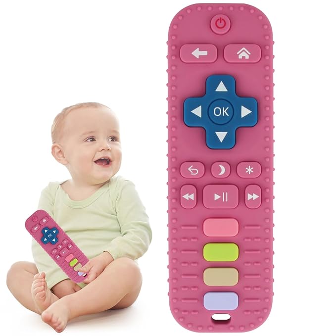Baby Teether Toy for Babies 3-24 Months TV Remote Control Shape Chew Toy Teething Relief Baby Toys for Infants (Rose red)