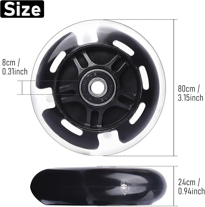 2-Pack Rear 80mm Colorful Flashing 3-Wheeled Kid Scooter Replacement Wheels for Kid Push Kick Scooter (Black)