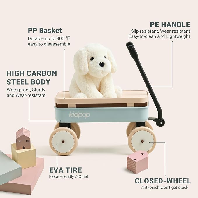 Kidpop Kids First Pull-Along Wagon with Removable Cover and Basket for Storage, 4-in-1 Push Pull Toy Cart for Toddlers, Lightweight (5.5 lbs), 1st Birthday Gift (Blue)