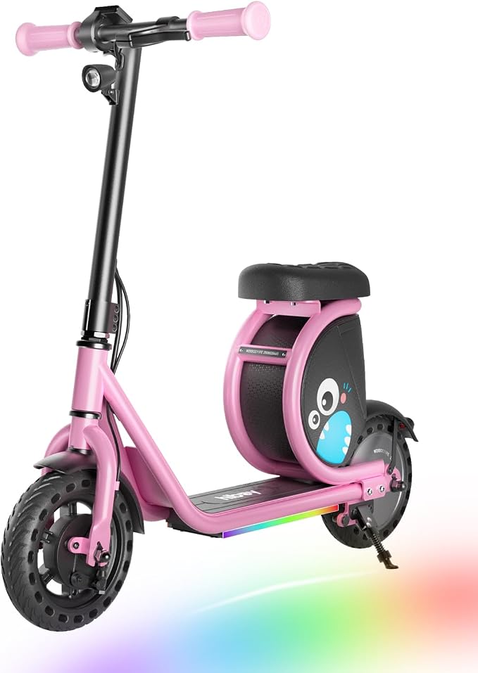 Hiboy JoyHaul Electric Scooter for Kids Ages 4-9, with Seat, UL 2272 Certified, 100W Motor, 5 Miles Range, 9.3 MPH, LED Lights, Under-Seat Storage & Front Brake