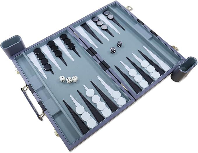 Backgammon Set - Classic Board Game with Premium PU Leather Case - Portable Travel Strategy Backgammon Game Set for Adults, Kids Family Game Night, Vacation & Gifts (15inch Medium, Gray)