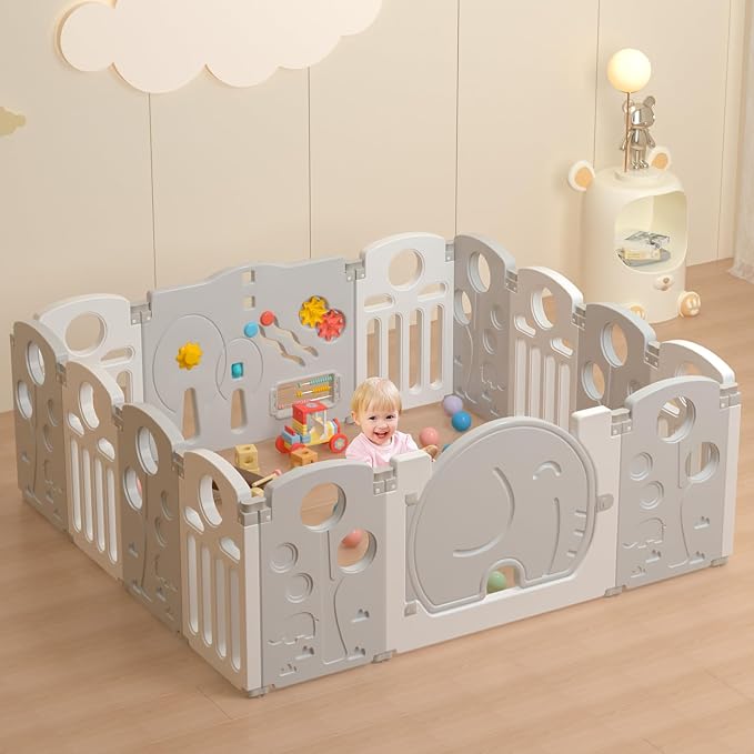 LulliSpace Baby Playpen,for Kids and Toddlers,Kids Activity Centre Safety Play Yard,Indoor&Outdoor Pattern Baby Fence with Game Panel, Safety Lock, Non-Slip Bases, Adjustable Shape,14 Panels