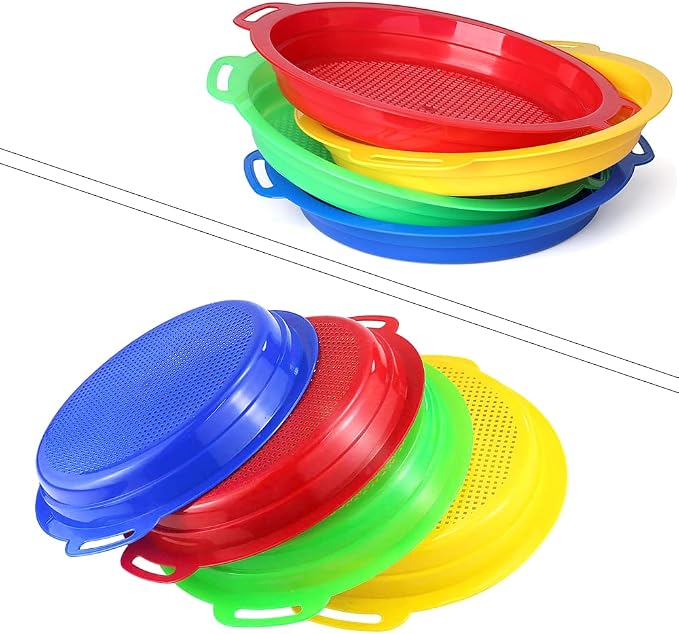 Sand Sifter Sieves for Kids - Heavy Duty ABS Beach Sifter Discovery Toy for Gardening, Digging, Finding Treasure Shells & Shark Teeth - Gift for Travel Beach Party (4PCS)