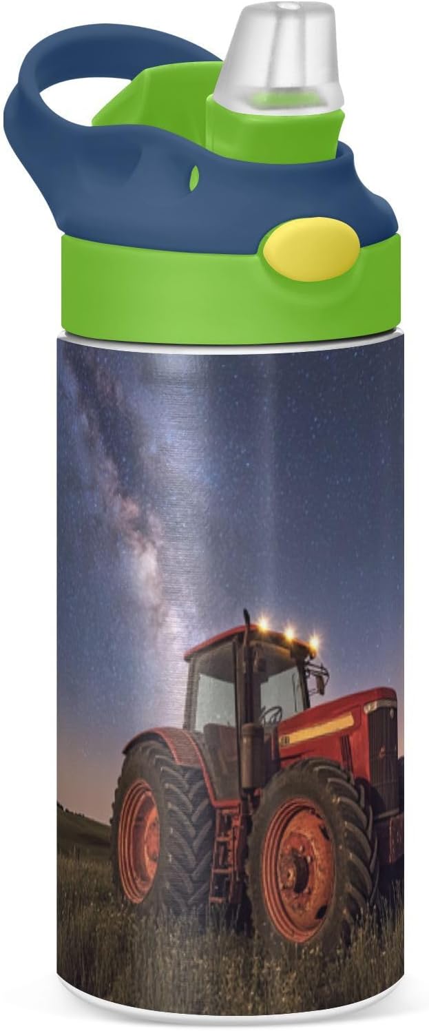 Boccsty Red Tractor Milkyway Galaxy Kids Water Bottle with Straw Lid Insulated Stainless Steel Reusable Tumbler for Boys Girls Toddlers 12 oz Green