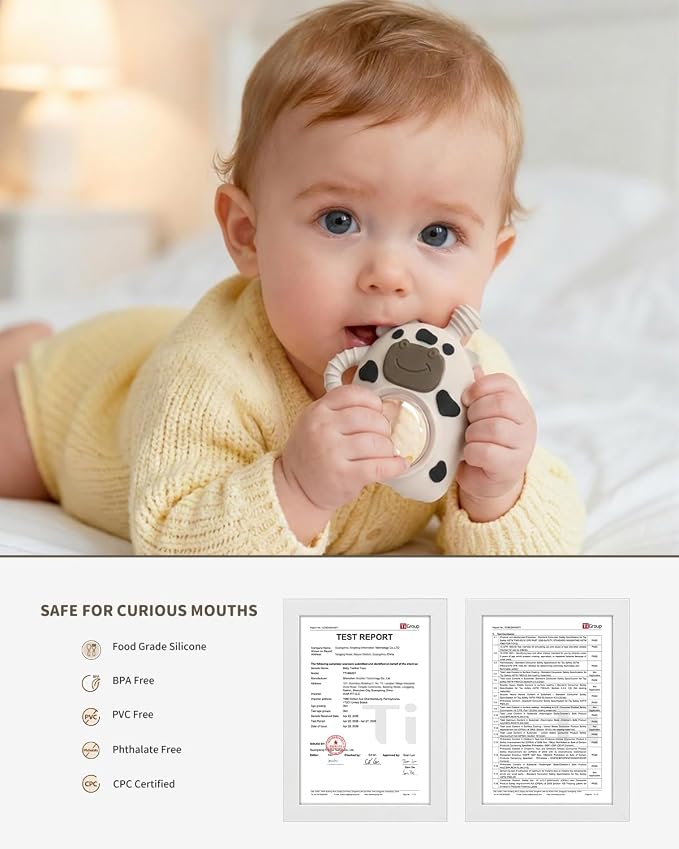 Bakpoco Baby Teether Toys for Babies 3 Months+, Easy-Grip Silicone Hand Teether with Sensory Rattle, Multi-Texture Infant Toy, Wrist Design Helps Reduce Drops, Cow