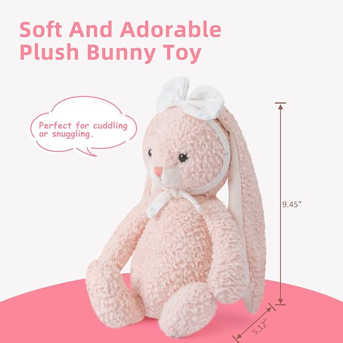 Bunny Stuffed Animal Soft Rabbit Cuddly Toy 10'' Long - Eared Plush Bunny with White Bow Headband Plush Toys for Babies and Toddlers