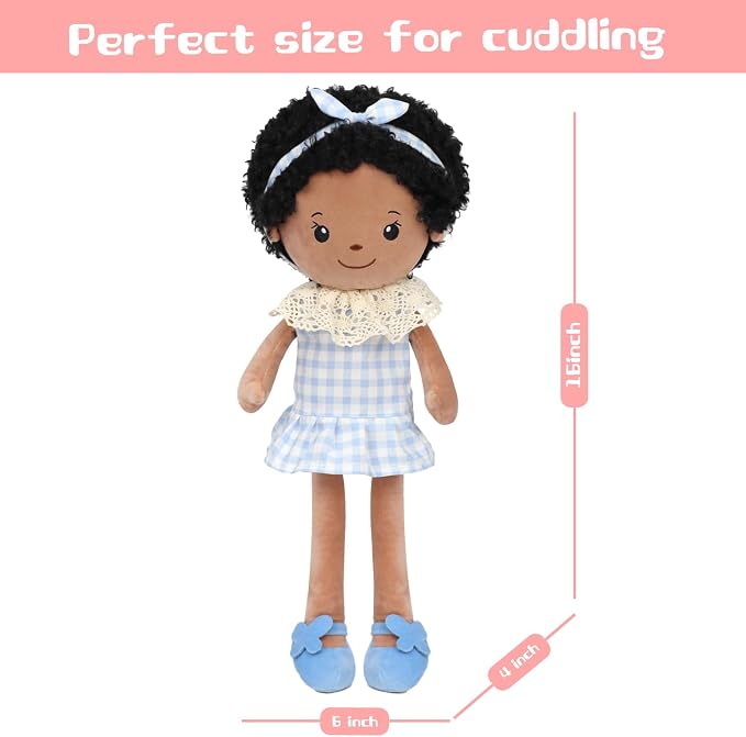 Soft Baby Doll Toys 16inch, Baby Rag Doll for One Year Old Girl Birthday Gift,Plush Toys for Toddler Kids Infants (Black)