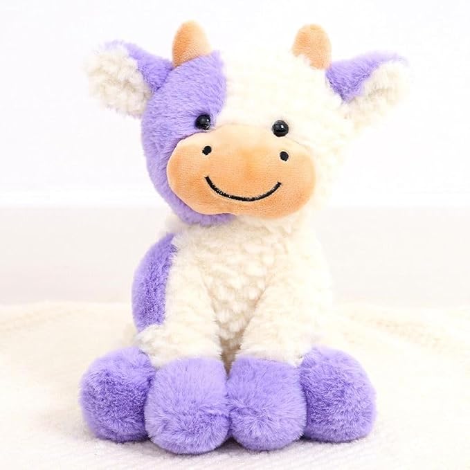 YUKOUQIAN Cute Cow Plush Stuffed Animal Doll Toy 8 inch for Girls Boys (Siting Cow Purple)
