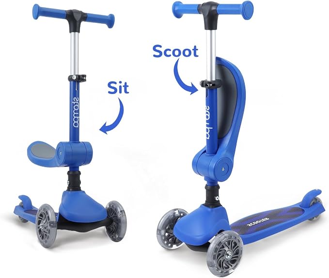 Stompa Kids Scooter 2-in-1 Light Up 3 Wheel Scooters with 4 Levels Adjustable Handlebar, Foldable Seat, Widen Non-Slip Deck for Girls & Boys Max 110 Lbs