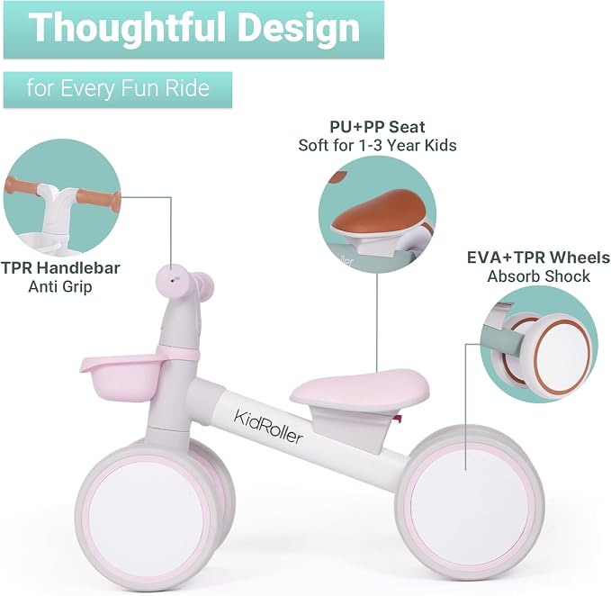 Kid's Balance Bikes for 1 Year Old Boys and Girls, 12-36 Months Toddler Ride-on with Adjustable Seat and a Front Basket, First Birthday Gifts (Pink)