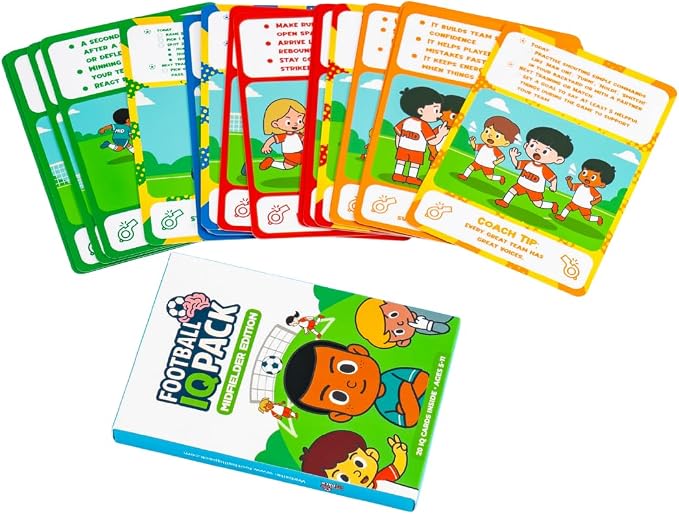 Soccer IQ Cards by Football IQ Pack– Game Intelligence Cards for Kids Ages 5–11 | Learn Mindset, Defending, Attacking & Communication | (Midfielder Edition)