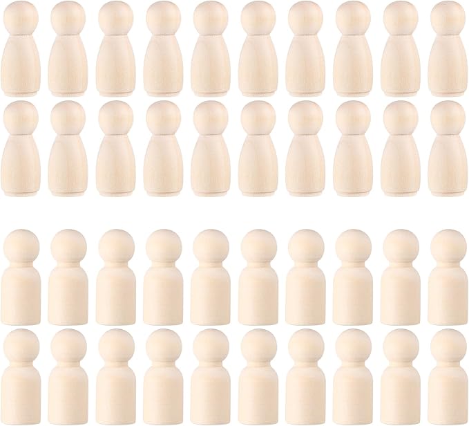 Wooden Peg Dolls, Peg Dolls Unfinished, Wooden People Figures, Natural Wood Figures for Painting, DIY Arts and Crafts, 2 Different Shapes, 40 PCS