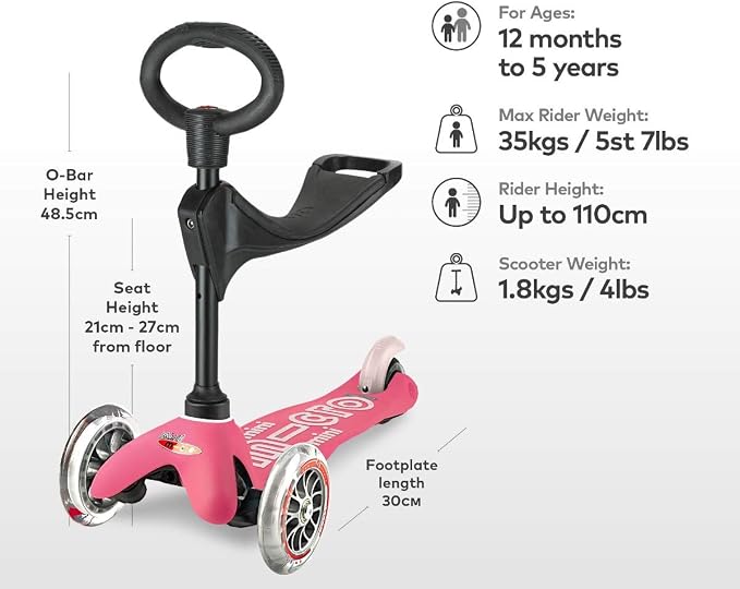Micro Kickboard | Mini 3-in-1 Deluxe Toddler Scooter for Ages 1–5 | Ride-On with Removable Parent Push Bar | 3 Wheel Lean-to-Steer Design | Adjustable T Bar | Smooth Ride PU Wheels | Swiss Design