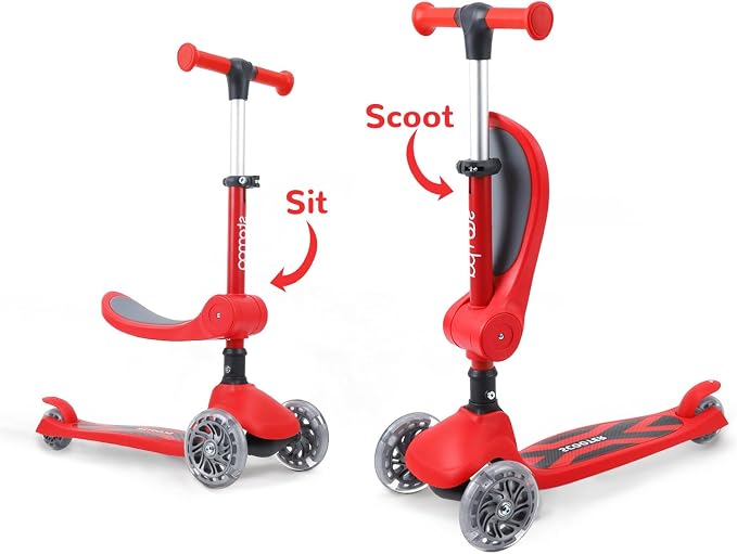 Stompa Kids Scooter 2-in-1 Light Up 3 Wheel Scooters with 4 Levels Adjustable Handlebar, Foldable Seat, Widen Non-Slip Deck for Girls & Boys Max 110 Lbs
