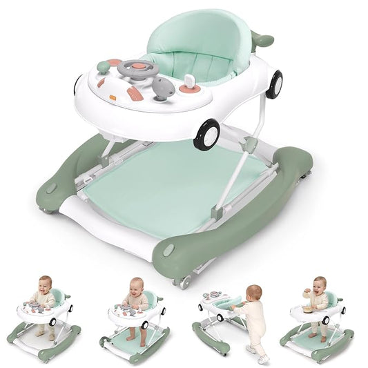 5-in-1 Convertible Baby Walker with Steering Wheel Music Activity Center – Infant Rocker, Jumper, Push Walker, Bouncer & Feeding Foldable Walker for Ages 6-18 Months Boys Girls (Mint)