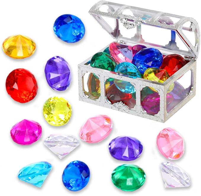 XIJUAN Diving gem Pool Toys Sand Toys,14Colorful Diamond Treasure Chest Summer Swimming gems Pirate Diving Toy Set Underwater Swimming toyChildren's Game Gifts for Boys and Girls(Silver White)