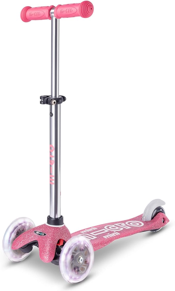 Micro Kickboard | Mini Deluxe Glitter LED Kids Scooter for Ages 2–5 | Children up to 110 lbs | 3 Wheel Lean-to-Steer Design | Adjustable T Bar | Motion-Activated PU LED Wheels | Swiss Design