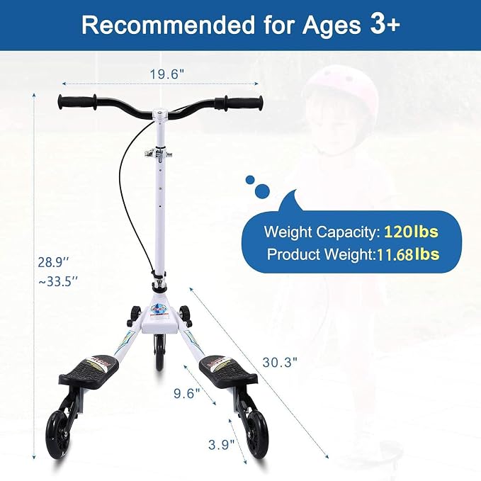 Swing Scooter for Kids, 3 Wheels Foldable Wiggle Kick Scooter Push Drifting with 4 Adjustable Handlebar & 2 Rear LED Wheel for Boys and Girls Ages 3-8