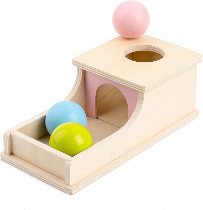 Busy edition Montessori Toys for 1 Year Old, Wooden Object Permanence Box with Tray Three Balls, Preschool Infant Toys 6-12 Months Developmental, 9 Month Old Baby Toys, Cause and Effect Ball Drop Toy