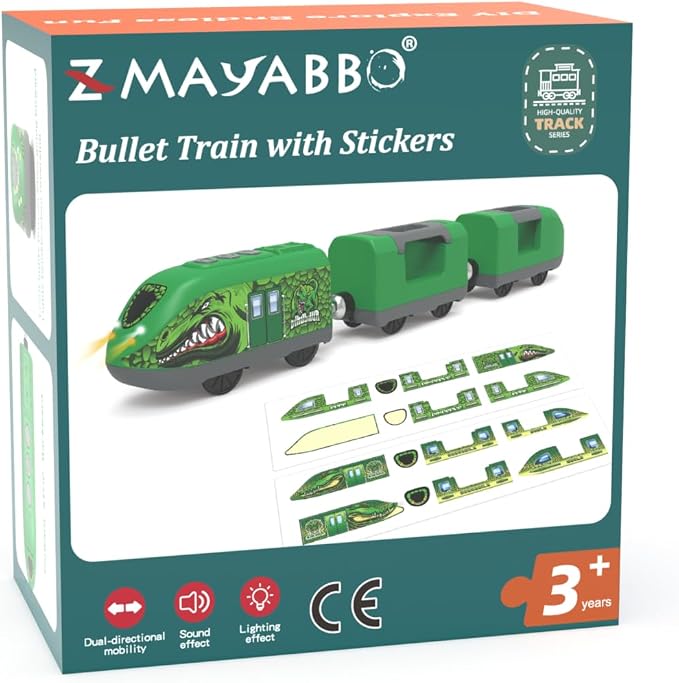Dinosaur Train for Kids 3-5 – Battery Operated Bullet Train with Opening Doors & DIY Stickers, 3-Car Electric Railway Set Compatible with Thomas & Brio
